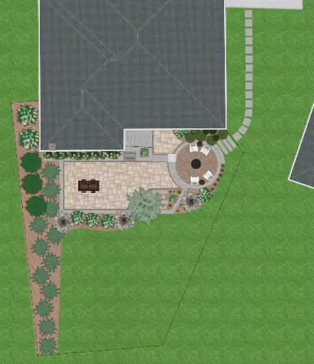 2D landscape master plan drawing of a backyard patio, fire pit and planting layout in Nashville, TN