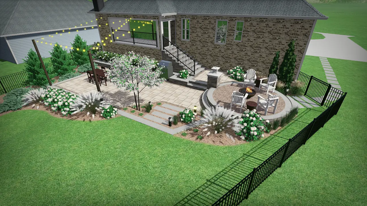 Aerial 3D rendering of a backyard patio, fire pit and planting design in Nashville, TN