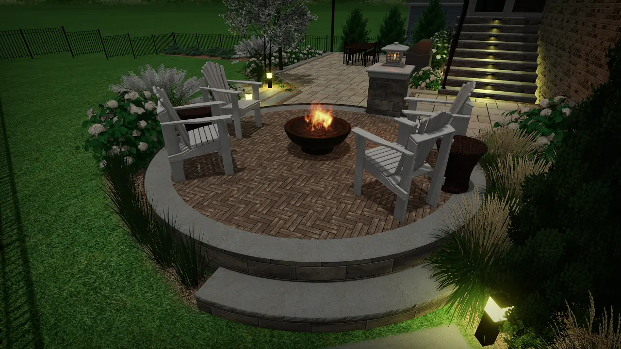 3D rendering of a circular fire pit patio with steps and seating in Nashville, TN