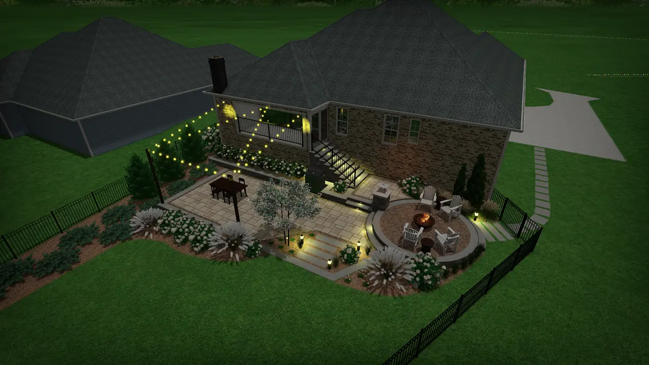 3D nighttime rendering showing landscape lighting on a backyard patio design in Nashville, TN