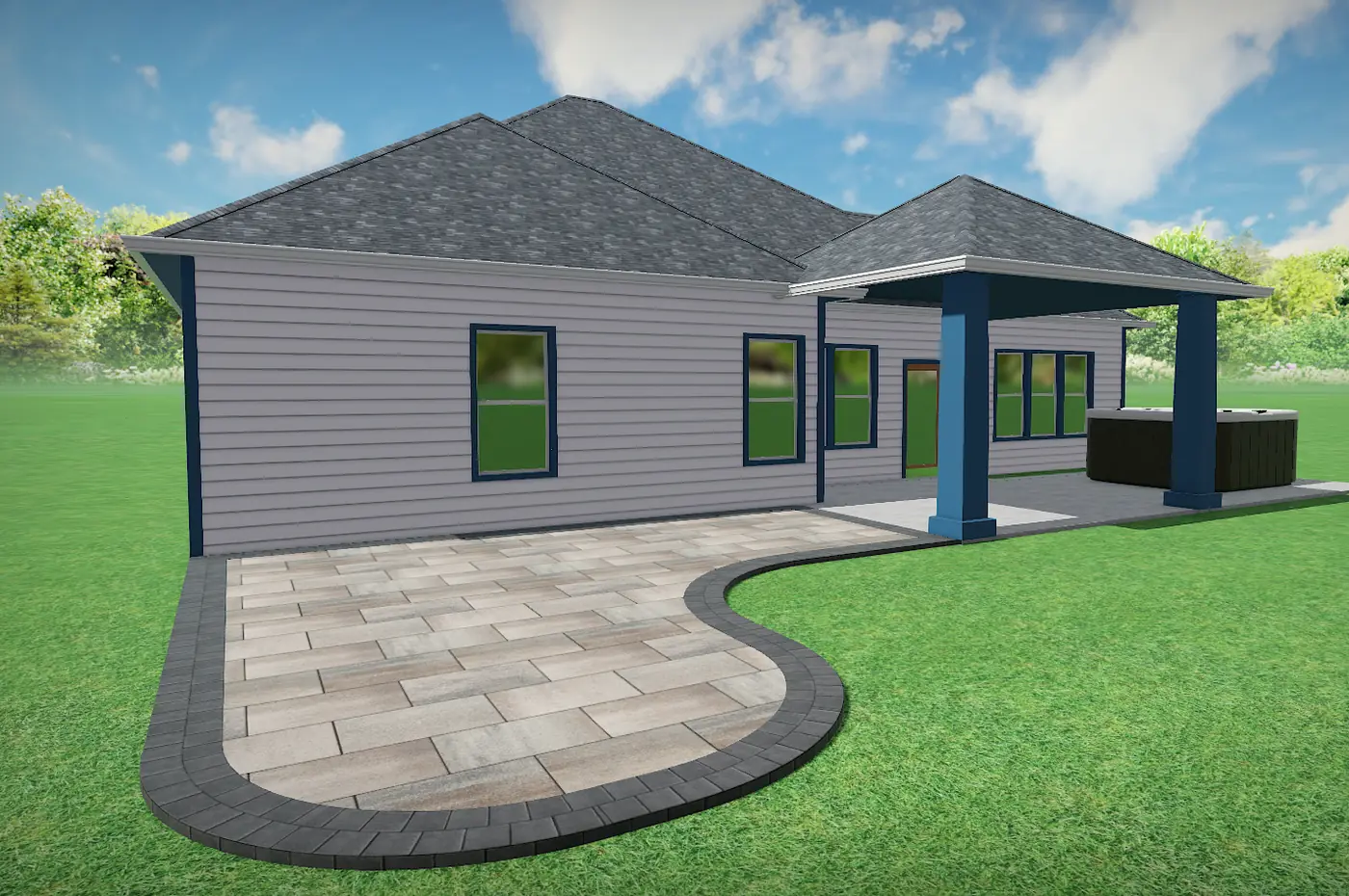3D landscape design rendering of a curved paver patio behind a gray home in Nashville, TN