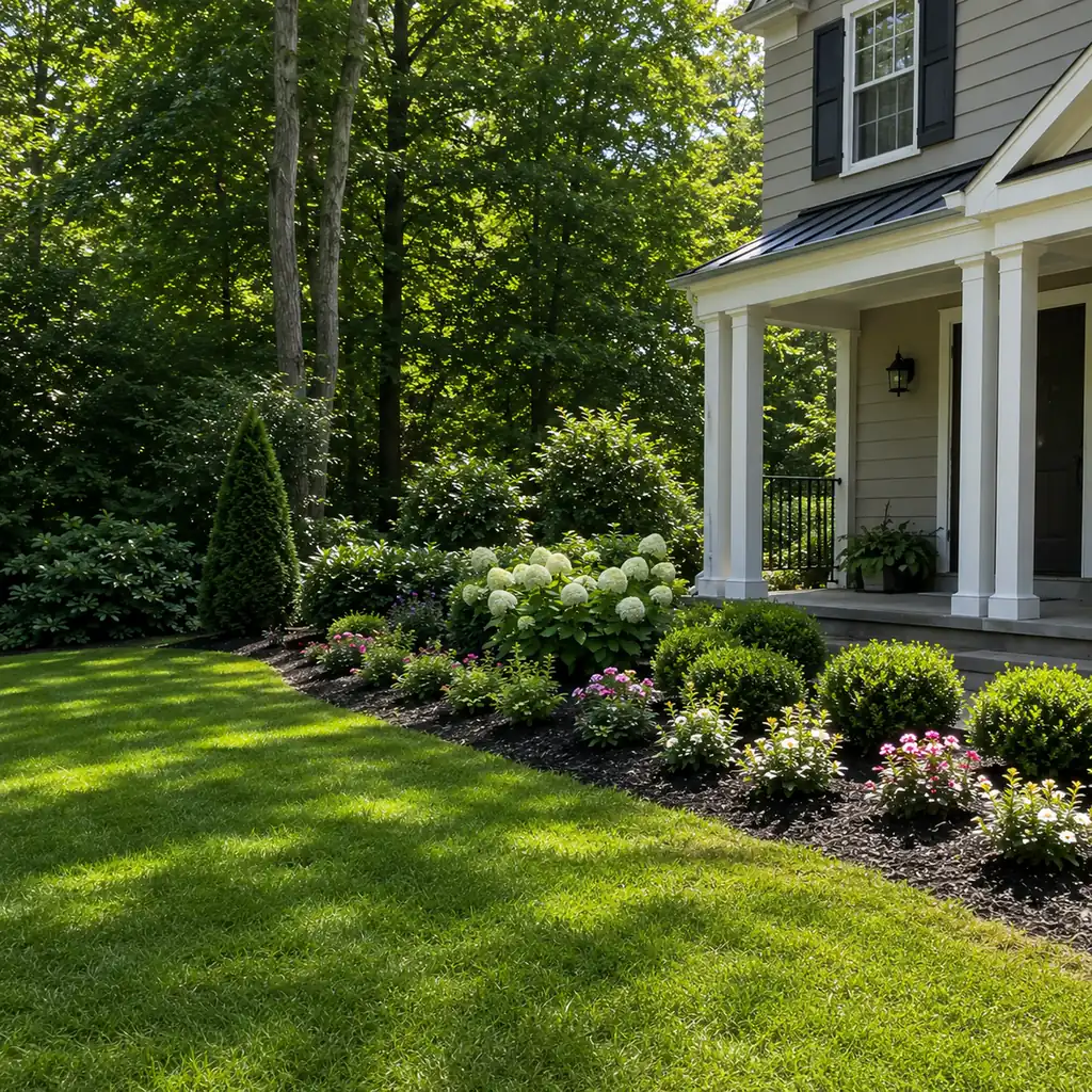 Lush irrigated front lawn and hydrangea foundation beds at a white porch home in Nashville, TN