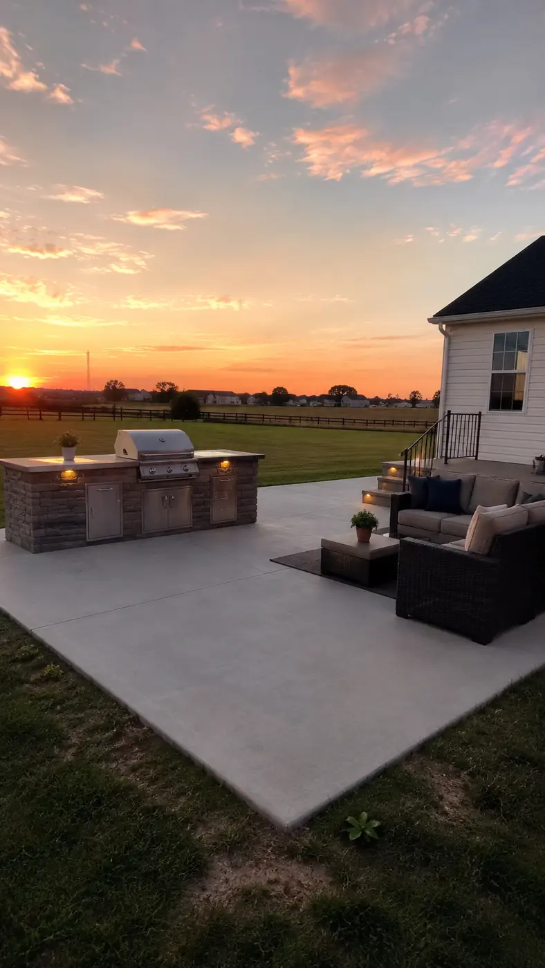 Outdoor kitchen and lounge seating on a patio at sunset in Nashville, TN