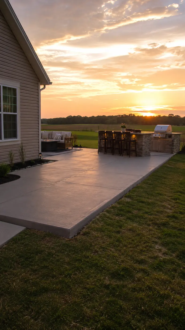 Concrete patio with an outdoor kitchen island at sunset in Nashville, TN